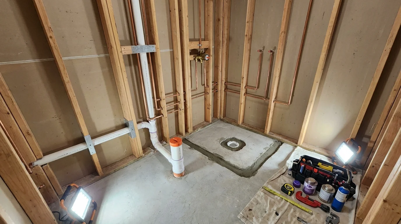 Bathroom rough-in plumbing during remodel by Johns Plumbing LLC in Carlsbad
