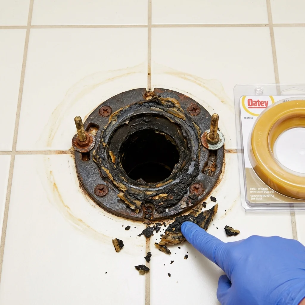 Failed wax ring showing water seepage at the base of a toilet in a Carlsbad, CA home