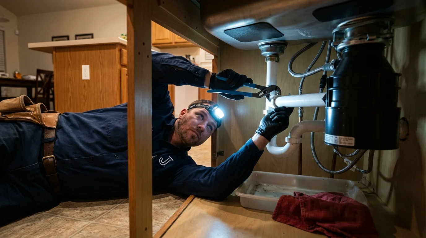 P-trap and supply line connections under a kitchen sink showing a common leak point in Carlsbad, CA